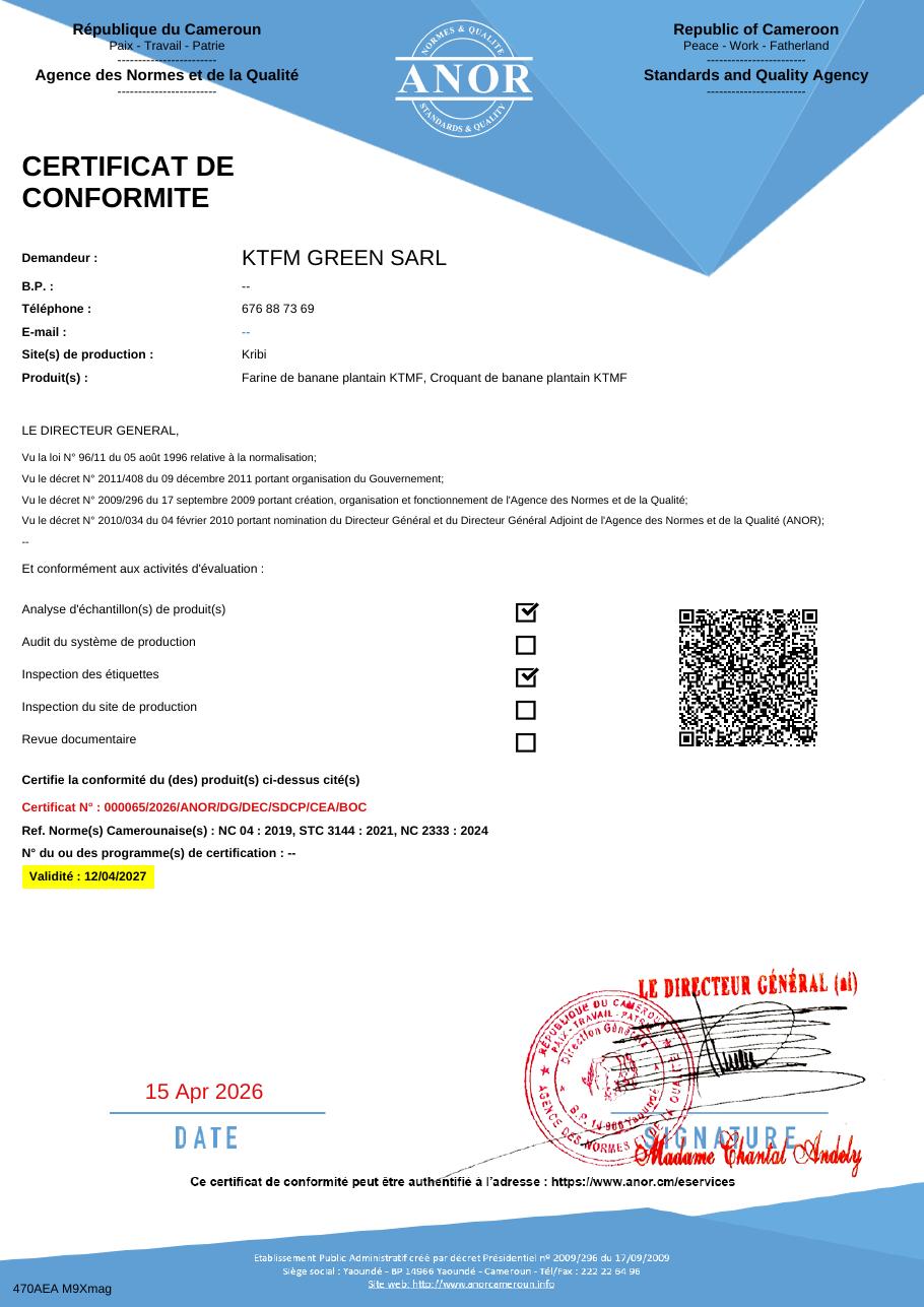 Aperçu du certificat de conformité ANOR délivré à KFTM Green
