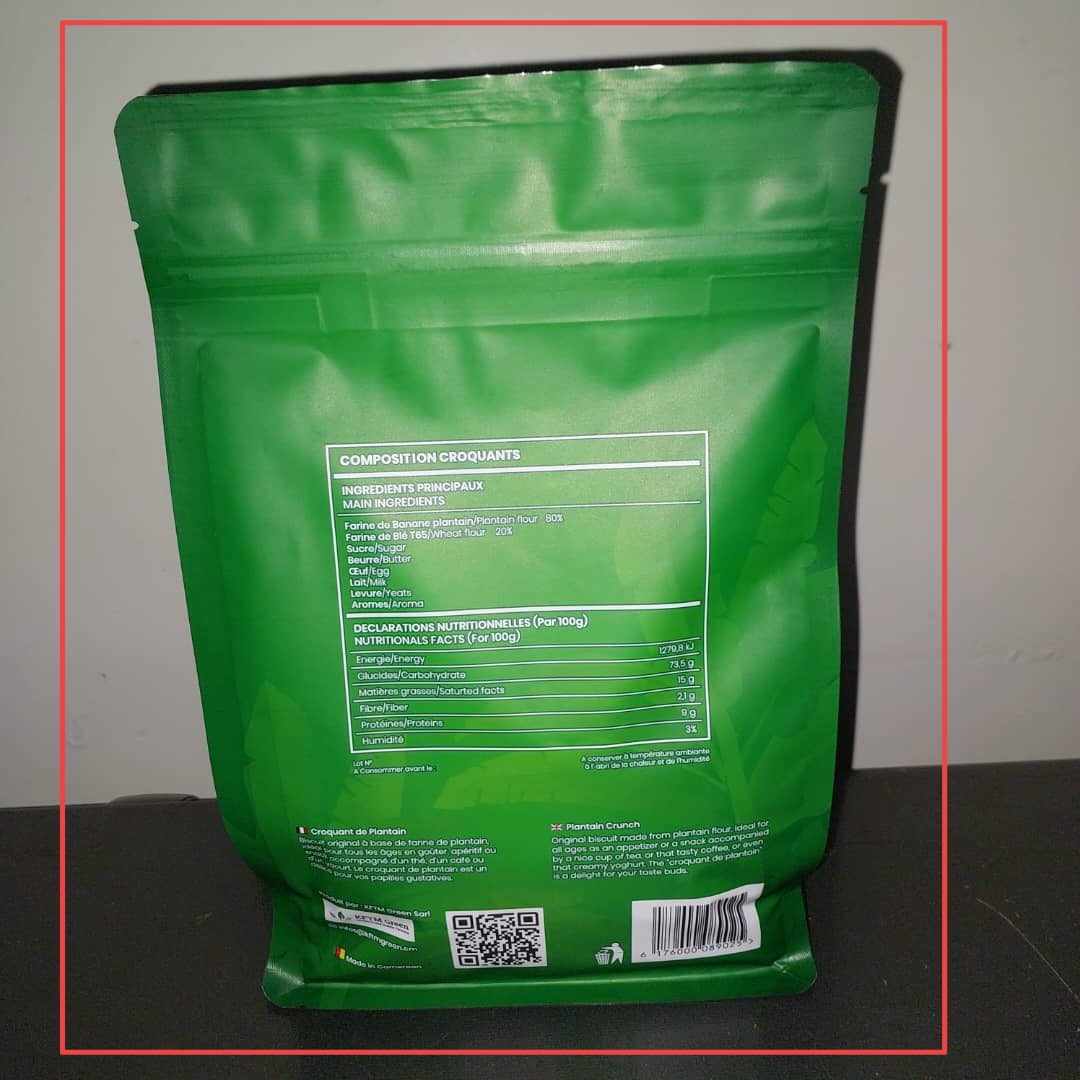 Croquant de Plantain Nature — dos du sachet avec composition et valeurs nutritionnelles — fond noir