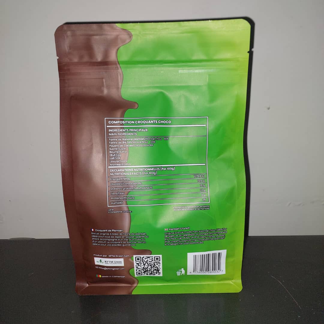 Croquant de Plantain Choco 500 g — dos du sachet avec composition — fond noir
